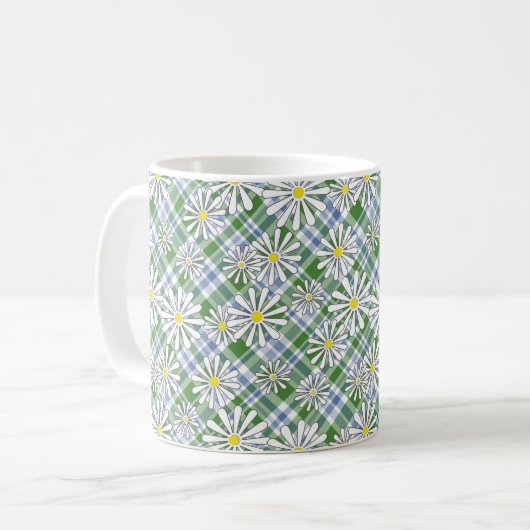 Mug Fleurs de camomille blanche sur un damier vert ble (Devant gauche)