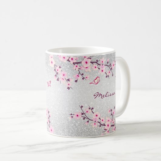 Mug Fleurs de cerisier Parties scintillant d'argent Mo (Devant droit)