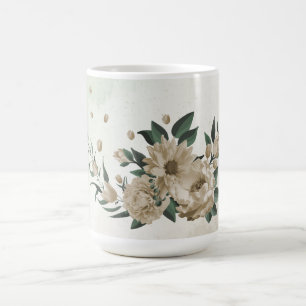 Mug fleurs de champagne romantiques & feuilles vertes