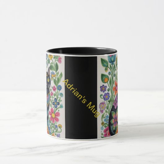 Mug Fleurs de chat noir papillons, art natif Editable (Centre)