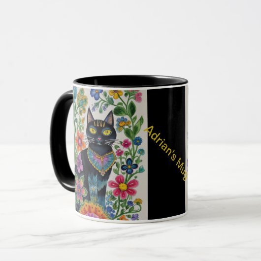 Mug Fleurs de chat noir papillons, art natif Editable (Devant gauche)