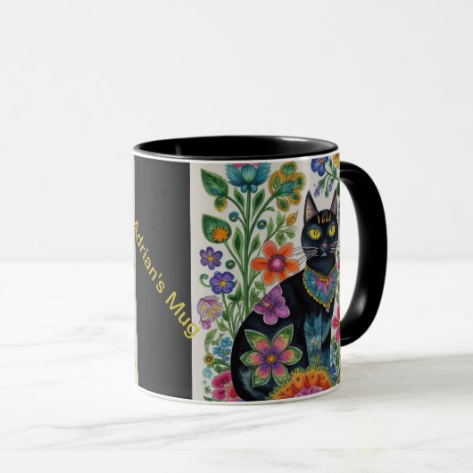 Mug Fleurs de chat noir papillons, art natif Editable (Devant droit)