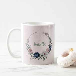 Mug Fleurs de couleur rose blanc et marine romantiques