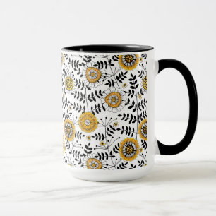 Mug Fleurs de gribouillis et feuilles en jaune et noir