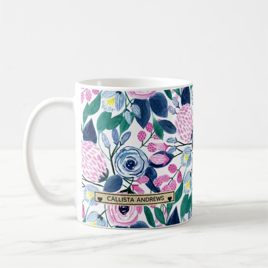 Mug Fleurs de marine rose douce Aquarelle or Monogramm (Gauche)