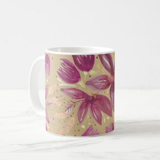 Mug Fleurs de passion, Aquarelle Bourgogne et or (Devant gauche)