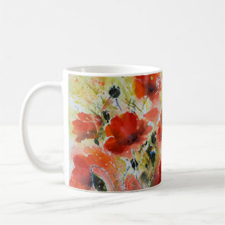 Mug Fleurs de pavot rouge, aquarelle douce.