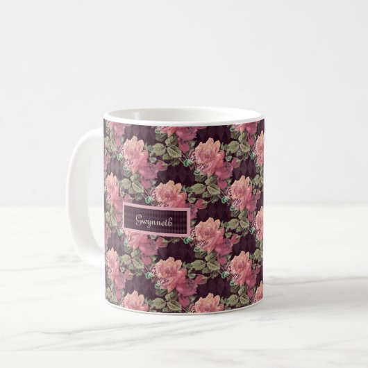 Mug Fleurs de pêche et papillon sur Arlequin violet (Devant gauche)