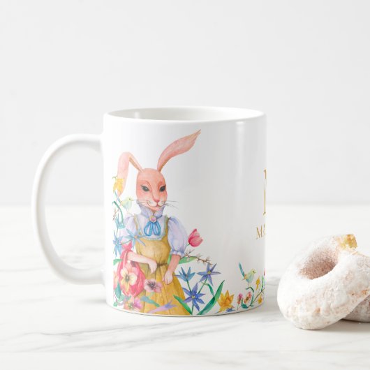 Mug Fleurs de printemps de lapin mou de Pâques Monogra (Avec donut)