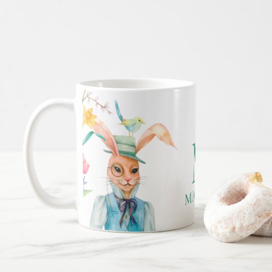 Mug Fleurs de printemps de lapin mou de Pâques Monogra (Avec donut)