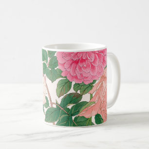 Mug Fleurs de rose rose et blanc avec feuilles vertes