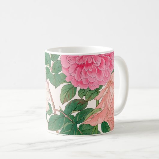 Mug Fleurs de rose rose et blanc avec feuilles vertes (Devant droit)