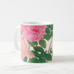 Mug Fleurs de rose rose et blanc avec feuilles vertes