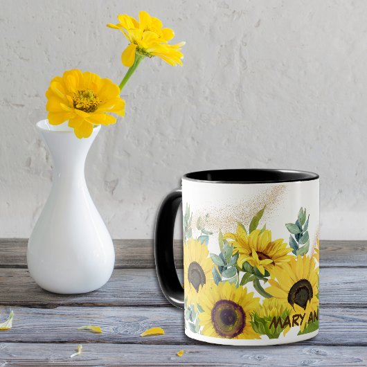 Mug Fleurs de soleil d'aquarelle et Feuilles d'eucalyp