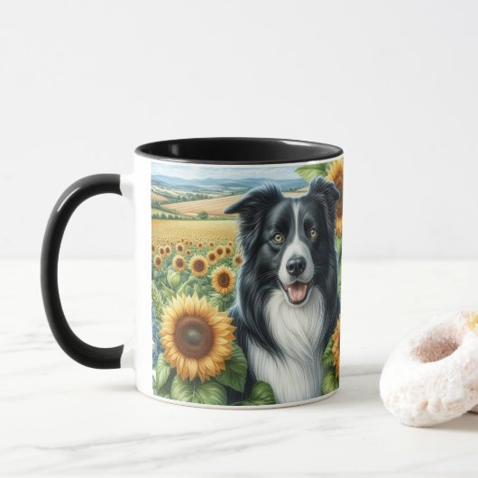 Mug Fleurs de soleil et frontière Collie Amoureux des  (Avec donut)