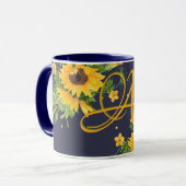 Mug Fleurs de soleil monorgammées Décor bleu jaune mod (Devant gauche)