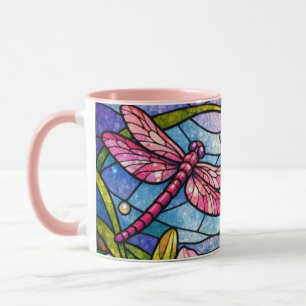 Mug Fleurs de verre teinté de lys et libellules roses
