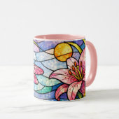 Mug Fleurs de verre teinté de lys et libellules roses (Devant droit)