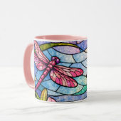 Mug Fleurs de verre teinté de lys et libellules roses (Devant gauche)