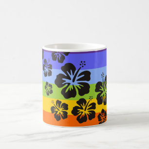 Mug fleurs d'hibiscus en noir bandes colorées