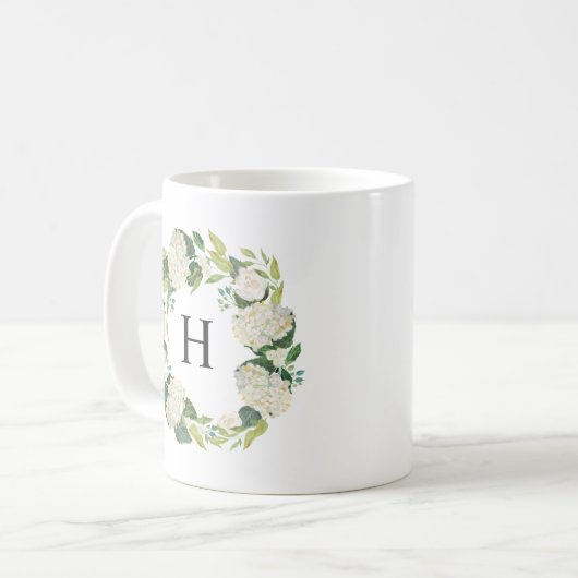 Mug Fleurs d'Hydrangée Blanche Monogramme de couronne (Devant gauche)