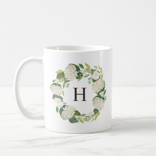 Mug Fleurs d'Hydrangée Blanche Monogramme de couronne (Gauche)