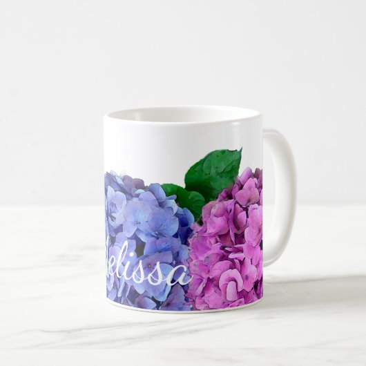 Mug Fleurs d'hydrangée bleu et rose personnalisées (Devant droit)