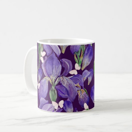 Mug Fleurs d'Iris violettes et papillons (Devant gauche)