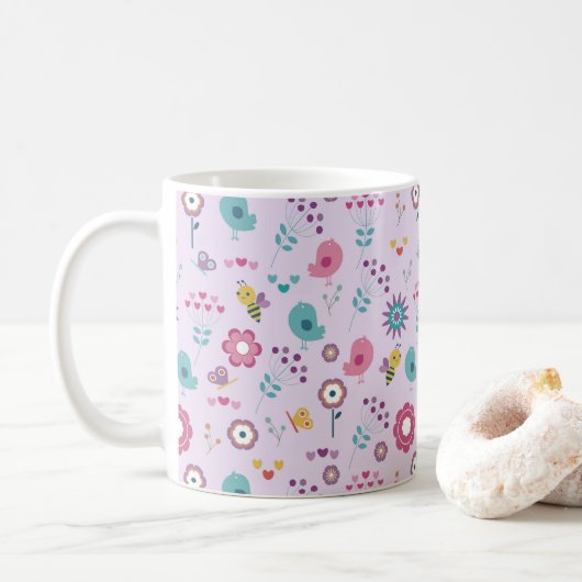 Mug Fleurs d'oiseaux, d'abeilles et de papillons (Avec donut)