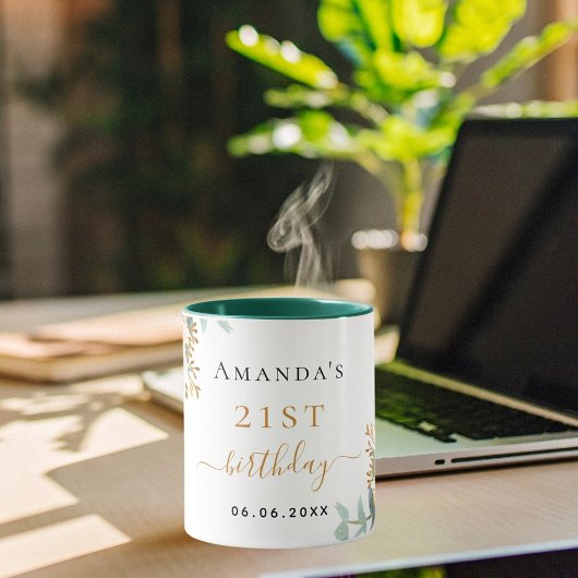 Mug Fleurs d'or rose d'anniversaire eucalyptus nom