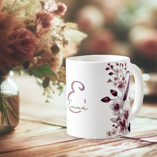 Mug Fleurs d'orchidées blanches et magenta Monogramme