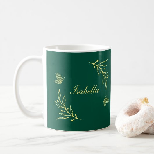 Mug Fleurs dorées simples vert émeraude  (Avec donut)