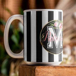 Mug Fleurs esthétiques avec monogramme et rayures noir