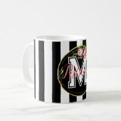 Mug Fleurs esthétiques avec monogramme et rayures noir (Devant gauche)