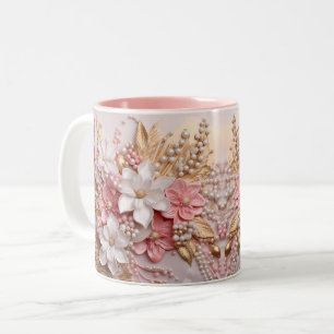 Mug Fleurs et Baies 3D Rose, Blanc et Or