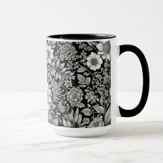 Mug Fleurs et feuilles noirs et blancs (Droite)