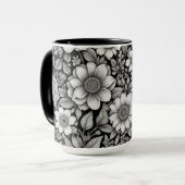 Mug Fleurs et feuilles noirs et blancs (Devant gauche)