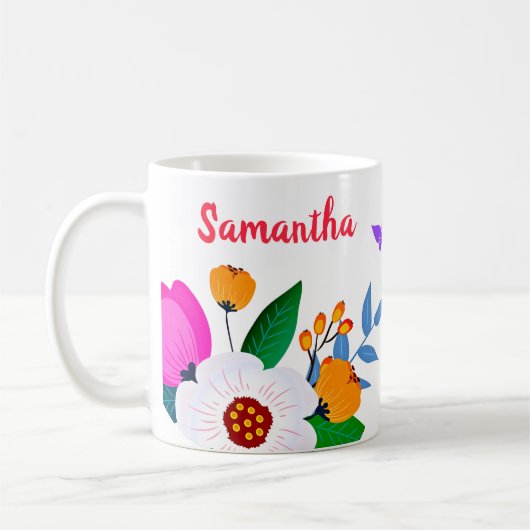 Mug Fleurs Et Papillon Blanc Et Rose Jaune Élégant (Gauche)