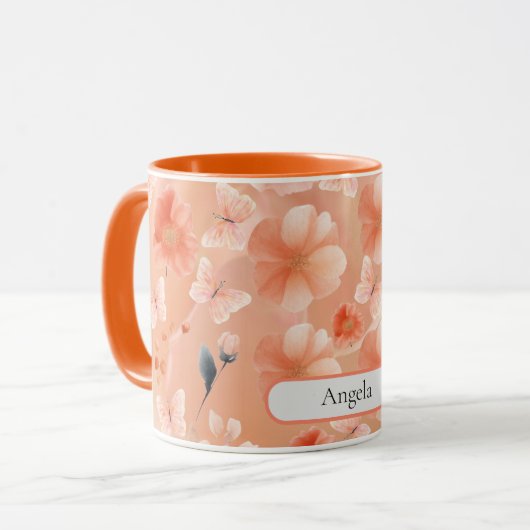 Mug Fleurs et papillons d'orange et de pêche (Devant gauche)