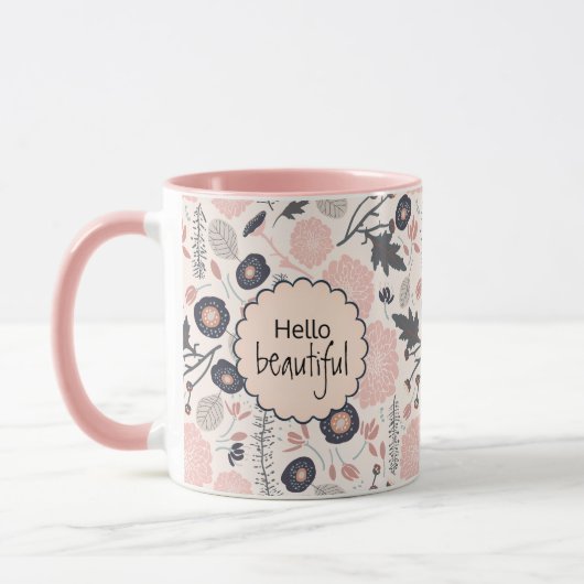 Mug Fleurs Gris Rose Noir Bonjour Belle (Gauche)