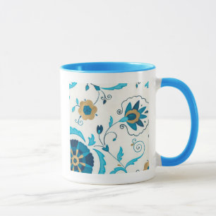 Mug Fleurs Indigo dorées avec Arrière - plan blanc