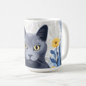 Mug Fleurs Jaunes Chat Bleu Russe (Devant droit)