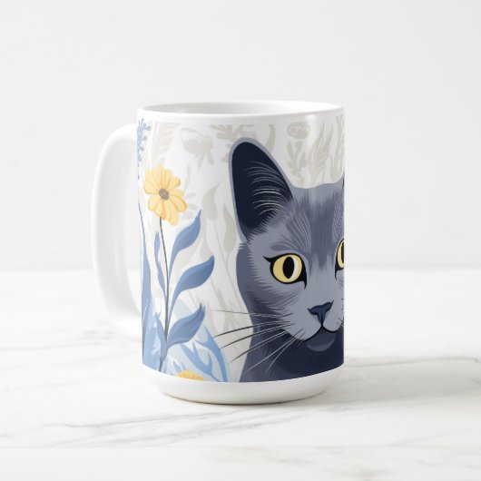 Mug Fleurs Jaunes Chat Bleu Russe (Devant gauche)