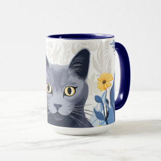 Mug Fleurs Jaunes Chat Bleu Russe