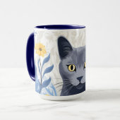 Mug Fleurs Jaunes Chat Bleu Russe (Devant gauche)