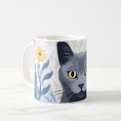 Mug Fleurs Jaunes Chat Bleu Russe (Devant gauche)