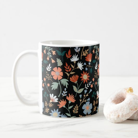 Mug Fleurs modernes Feuille Noir Orange Bleu Floral (Avec donut)