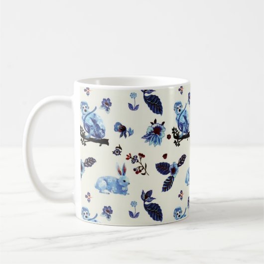 Mug Fleurs Monkey lapin Bleu Blanc Vintage (Gauche)