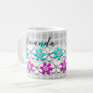 Mug Fleurs néon en papier sur un damier gris-blanc