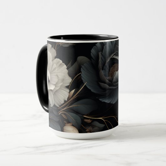 Mug Fleurs noires et blanches (Devant gauche)